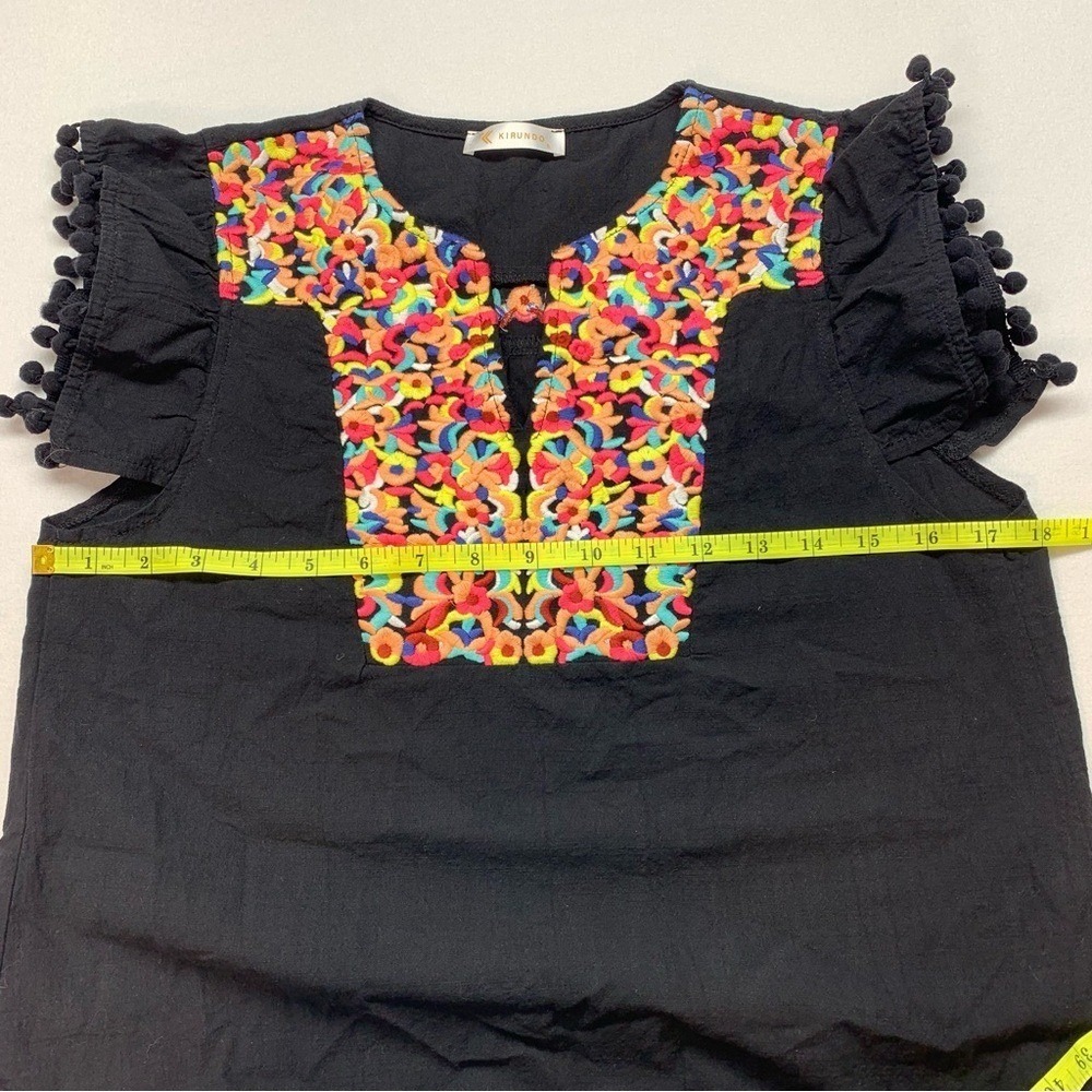 Kirundo Embroidered Boho Dress Womens Small Black Pom Pom Flutter Sleeve‎ Ruffle - Picture 3 of 9